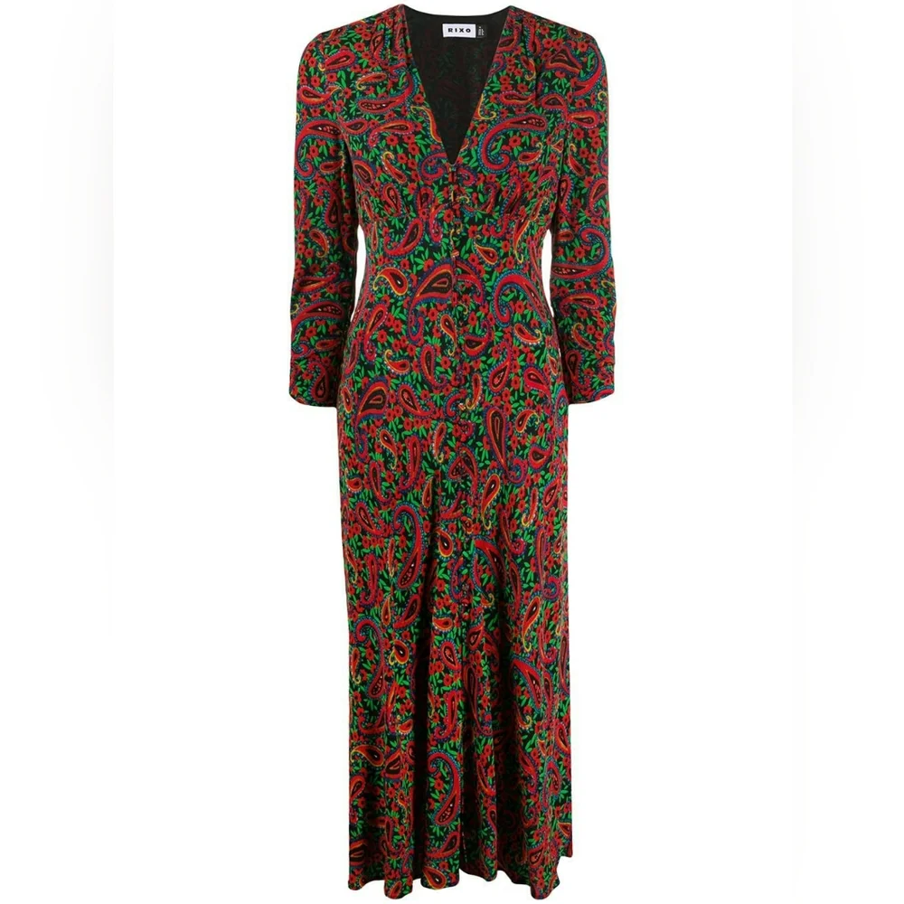 NWOT RIXO Katie Printed Crepe midi dress in red